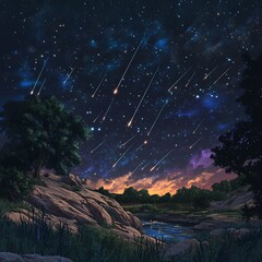 A tranquil scene of a starry night with shooting stars over a riverside landscape.