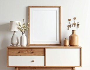 Minimalist interior with wooden frame lamp vases keys on a white wall