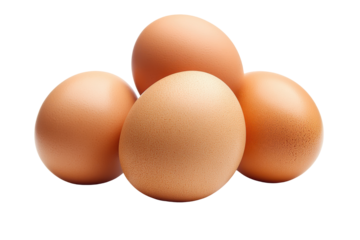 A quartet of chicken eggs stands against the stark white background