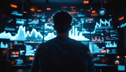 A man analyzing data in front of multiple screens. The scene evokes a sense of technological prowess and data-driven decision-making. The overall ambiance is dominated by cool, modern lighting.