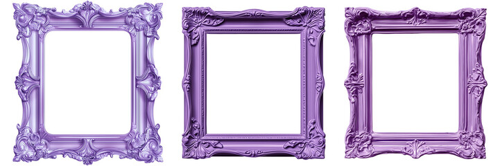 Three ornate purple frames stand elegantly together on transparent background