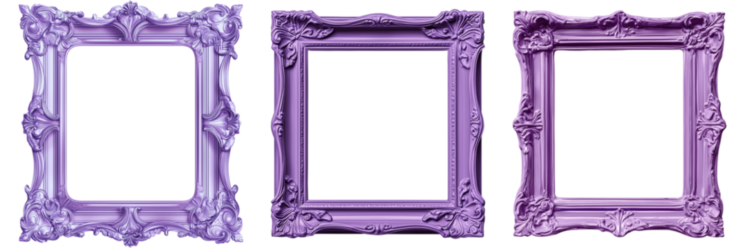 Three ornate purple frames stand elegantly together on transparent background