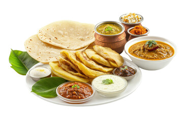 A flavorful Indian food platter with diverse dishes including roti curries and vibrant chutneys against a dark background