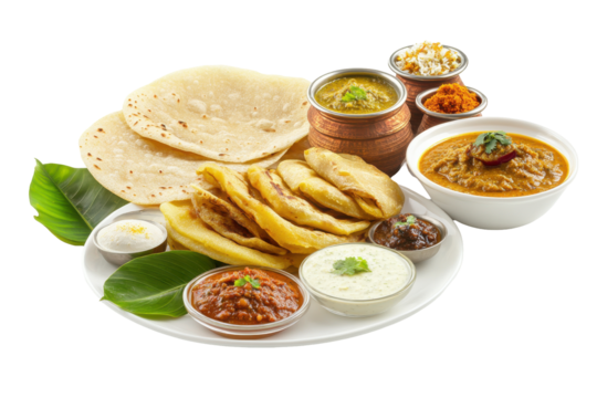 A flavorful Indian food platter with diverse dishes including roti curries and vibrant chutneys against a dark background