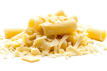 A heap of rigatoni pasta topped with a generous pile of shredded cheese on a dark background