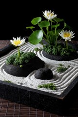 Zen garden still life close up featuring water lilies rocks and sand in a black wooden tray on a bamboo mat