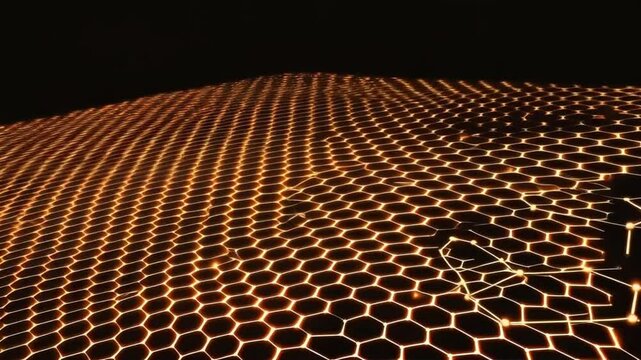 Abstract vector background with shiny geometric honeycomb pattern and light technology grid