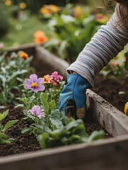 Fototapeta premium Gardening with Blooming Flowers: A close-up shot of a person tending to colorful flowerbeds, showcasing vibrant blooms amid rich, dark soil, signifying the joy of nurturing life.