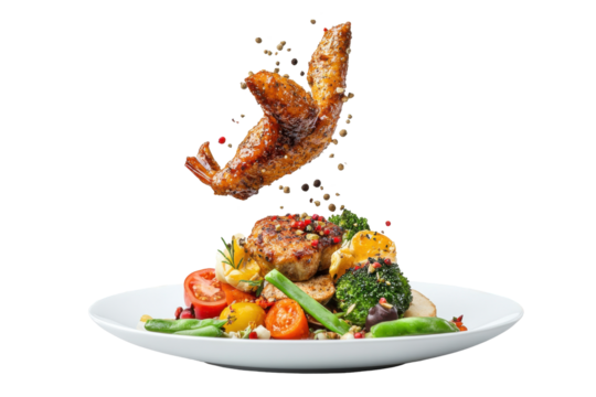 A plated feast a flying chicken wing above grilled meat  vegetables sprinkled with pepper on a white background