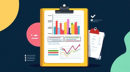 Business analytics and data visualization with colorful bar charts and line graphs on a clipboard representing financial growth and performance tracking