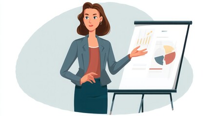 Professional female businesswoman presenting financial charts and data analysis on a whiteboard du a corporate meeting or seminar