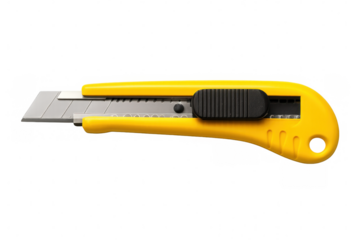 Yellow utility knife with extended blade, precision cutting tool gleaming against transparent backdrop, ideal for design layouts