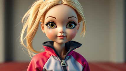 Blonde doll with ponytail in pink tracksuit top against blurred background