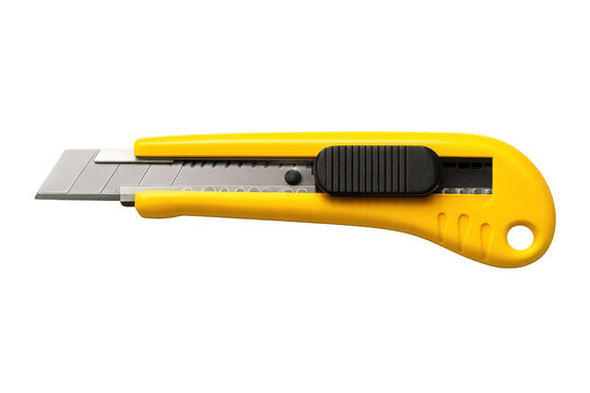 Yellow utility knife with extended blade, precision cutting tool gleaming against transparent backdrop, ideal for design layouts