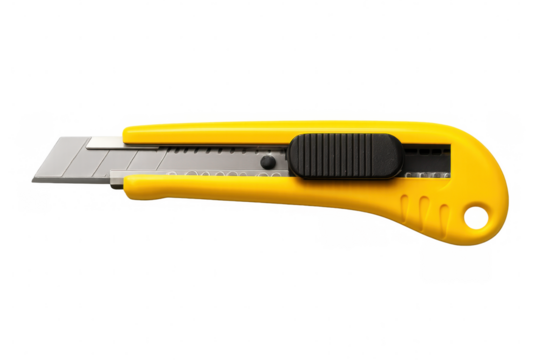 Yellow utility knife with extended blade, precision cutting tool gleaming against transparent backdrop, ideal for design layouts - Powered by Adobe