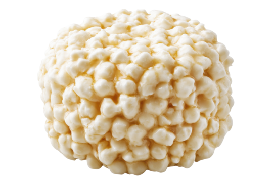 A sphere of congealed rice cereal and sugary goodness hovers a treat on a black void