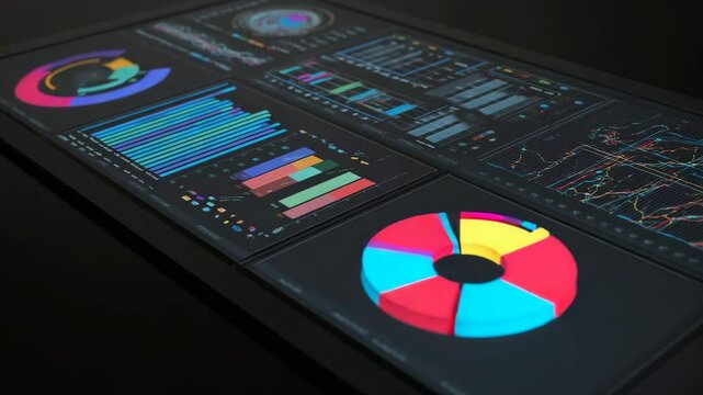 Perspective view of a modern data interface featuring vibrant circular diagrams, comparative bar charts, and line graphs on a dark touchscreen background