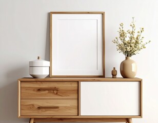 Minimalist Interior Wooden Frame Mockup with Flowers and Ceramic Accents on a Cabinet