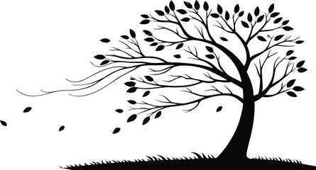 Black and white vector tree silhouette with decorative floral branches and blooming flowers, perfect for nature-inspired illustrations and designs