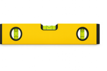 Yellow spirit level measuring tool, checking horizontal and vertical alignment during construction and carpentry work, resting against transparent background