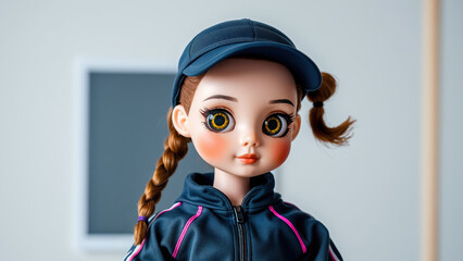 Adorable doll with braids and blue cap in sporty attire