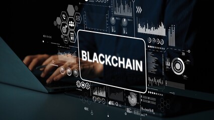 Modern Technology Interface Featuring Blockchain Concept with Data Visualization Elements and Hands on a Keyboard. Asymptotic smart data analytic.