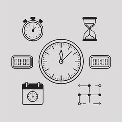 Time Management and Stopwatch Icon Set – Clock, Alarm and Digital Time Icons, Hourglass, Timer