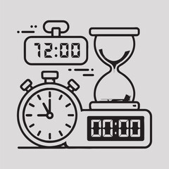 Time Management and Stopwatch Icon Set – Clock, Hourglass, Timer, Alarm and Digital Time Icons