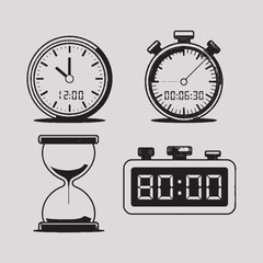 Time Management and Stopwatch Icon Set – Clock, Timer, Alarm and Digital Time Icons, Hourglass