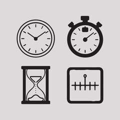 Time Management and Stopwatch Icon Set – Clock, Timer, Hourglass, Alarm and Digital Time Icons