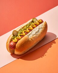 Hot Dog with Jalapeño, Cheese, and Mustard on Orange Background