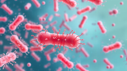 Microscopic view of pink bacteria with blue background in scientific illustration