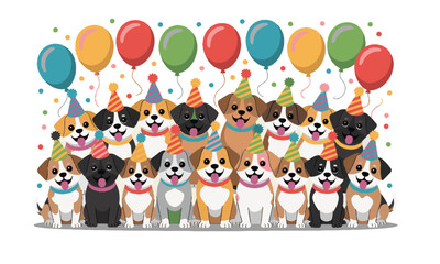 Modern vector cute cartoon dogs of various breeds in a cheerful party scene, easily scalable and editable.