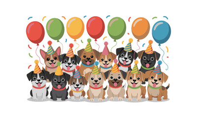 Modern vector cute cartoon dogs of various breeds in a cheerful party scene, easily scalable and editable.