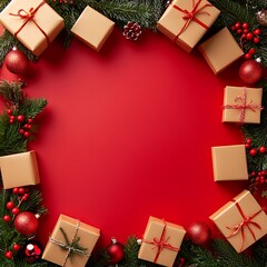 Christmas gifts and ornaments arranged on a red background.