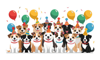 Modern vector cute cartoon dogs of various breeds in a cheerful party scene, easily scalable and editable.