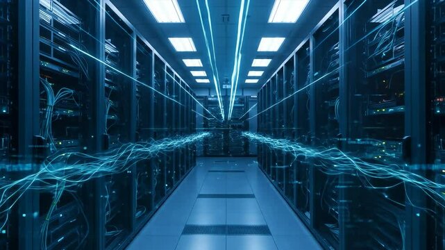 Digital information flowing through high-speed network cables and data servers behind glass panels in a secure server room of a data center or Internet service provider. Glowing blue and green LED lig