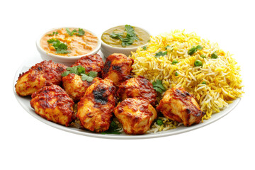 A vibrant platter of Indian spiced chicken yellow rice and savory sauces against stark black