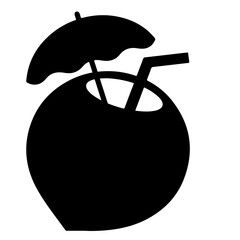 A coconut drink with an umbrella and straw, illustrated in a simple black silhouette.