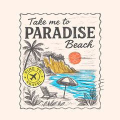 stamp vibes Summer artwork. hand drawn  paradise beach graphics. hand sketch vintage beach prints. tropical sketch drawing in vector. summer t-shirt design.