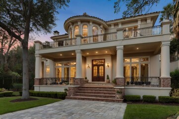 Fototapeta premium Elegant Luxury Mansion with Balconies and French Doors, house, home, residence, real estate, property