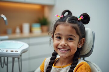 Happy young girl with a bright smile visiting the dentist.