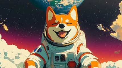 A joyful dog in a spacesuit, amongst the stars.