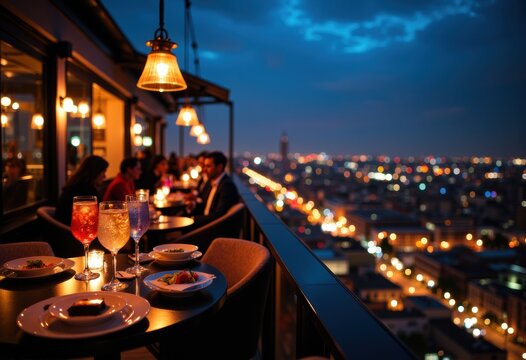 Elegant rooftop dinner setup overlooking a vibrant cityscape at night with warm lighting and fine dining elements