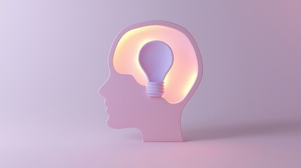 Human Head Silhouette With Light Bulb Brain on purple background
