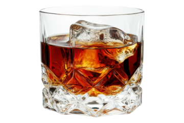 Amber liquid swirl Crystal glass holds whiskey and melting ice creating depth