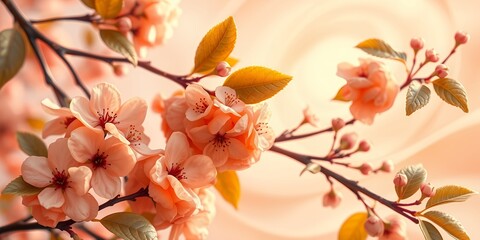 A close up of a flowering tree branch with peach colored blossoms against a soft light background