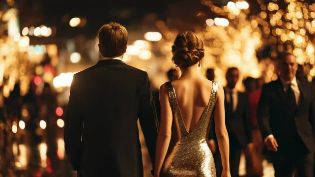 Man in dark suit and woman in shimmering backless gown enter festive night venue with glowing lights and elegant crowd, concept of luxury celebration and romantic sophistication