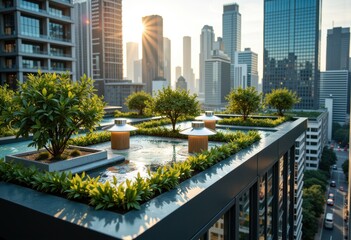Fototapeta premium Rooftop garden with greenery and city skyline at sunset
