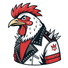 A tough-looking chicken biker, wearing a studded leather jacket, perched on a custom motorcycle.  Detailed, realistic rendering.